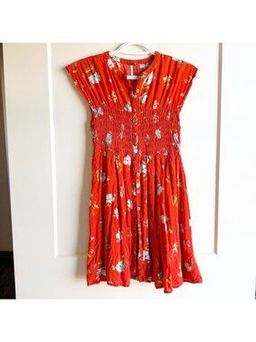 Free People Womens Red Orange Floral Button Front Smocked Waist Rayon Dress XS